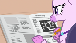 Size: 1280x720 | Tagged: safe, derpibooru import, screencap, silverstream, hippogriff, school raze, crossword puzzle, determined, female, pencil, solo, written equestrian