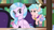 Size: 1280x720 | Tagged: safe, derpibooru import, screencap, cozy glow, silverstream, classical hippogriff, hippogriff, pegasus, pony, school raze, book, bookshelf, cozy glow is not amused, duo, female, filly, flying, foal, jewelry, necklace, pencil, saddle bag