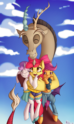 Size: 2412x4000 | Tagged: safe, artist:neko-me, apple bloom, discord, scootaloo, sweetie belle, draconequus, earth pony, pegasus, semi-anthro, unicorn, apple buruma project, clothes, cloud, cute, cutie mark crusaders, discute, eyes closed, grin, happy, hug, midriff, scootaloo is not amused, smiling, sports panties, teeth, unamused