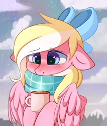 Size: 2724x3195 | Tagged: safe, artist:pesty_skillengton, derpibooru import, oc, oc only, oc:bay breeze, pegasus, pony, arm hooves, blushing, bow, clothes, coffee, cute, daaaaaaaaaaaw, female, hair bow, heart eyes, hnnng, mare, ocbetes, scarf, snow, solo, weapons-grade cute, wingding eyes, ych result