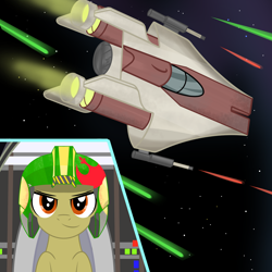 Size: 2500x2500 | Tagged: safe, artist:pizzamovies, derpibooru exclusive, derpibooru import, oc, oc:twister breeze, pony, a-wing, brown eyes, cockpit, helmet, laser, male, rebellion, solo, space, spaceship, star wars, starfighter