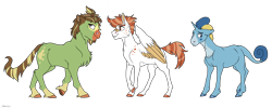 Size: 5000x2000 | Tagged: safe, artist:shimazun, oc, oc only, earth pony, pegasus, pony, unicorn, bandaid, bucktooth, chest fluff, colored hooves, female, grookey, male, mare, pokemon sword and shield, pokémon, ponified, ponymon, realistic horse legs, scorbunny, simple background, sobble, socks (coat marking), stallion, transparent background, trio