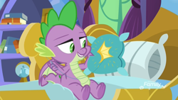 Size: 1920x1080 | Tagged: safe, derpibooru import, screencap, spike, dragon, father knows beast, bed, book, discovery family logo, male, pillow, sewing, sewing needle, snow globe, solo, spike's bed, spike's room, thread, throw pillow, winged spike