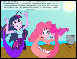 Size: 2892x2230 | Tagged: safe, artist:physicrodrigo, derpibooru import, edit, editor:rmzero, part of a series, part of a set, pinkie pie, twilight sparkle, angler fish, mermaid, series:equestria mermaids, equestria girls, clothes, curse, cursed, cutie mark, day, dialogue, dress, duo, duo female, female, mermaidized, ocean, pail, scales, species swap, text, transformation