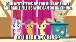 Size: 600x337 | Tagged: safe, edit, edited screencap, screencap, apple bloom, mayor mare, scootaloo, sweetie belle, the last crusade, caption, cutie mark crusaders, image macro, text