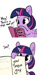 Size: 512x1024 | Tagged: safe, artist:tjpones, derpibooru import, edit, twilight sparkle, twilight sparkle (alicorn), alicorn, pony, 2 panel comic, book, comic, cute, drawing, facts, female, heck, implied princess luna, mare, meme, very true facts, your mom, your mom gay