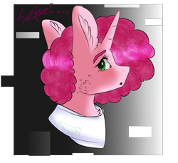 Size: 1280x1173 | Tagged: safe, artist:snowflakecrystalyt, oc, oc only, oc:sugary fluff, pony, unicorn, :o, afro, bust, clothes, commission, female, intersex, mare, not pinkie pie, open mouth, shirt, solo, t-shirt