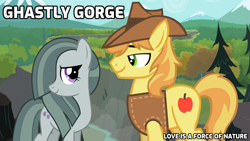 Size: 2064x1162 | Tagged: safe, braeburn, marble pie, pony, appleloosa, bittersweet, braeble, brokeback mountain, canyon, cliff, crack shipping, fanfic idea, female, ghastly gorge, gustavo santaolalla, hope, looking at each other, love, lyrics in the description, male, mountain, mountain range, movie poster, movie reference, outdoors, river, rock farm, romance, scenery, shipping, shipping fuel, smiling, straight, this will end in love, together, youtube link