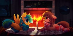 Size: 2828x1414 | Tagged: safe, artist:mirtash, derpibooru import, oc, oc only, oc:fun fact, oc:jade melody, earth pony, pegasus, pony, blushing, book, clothes, commission, duo, female, fireplace, floppy ears, looking at each other, mare, notebook, rcf community, smiling, socks, striped socks, tree, window