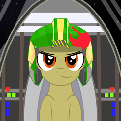 Size: 2500x2500 | Tagged: safe, artist:pizzamovies, derpibooru exclusive, derpibooru import, oc, oc only, oc:twister breeze, pony, brown eyes, cockpit, grin, helmet, looking at you, male, pilot, rebellion, smiling, solo, space, space ship, stallion, star wars, stars