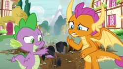 Size: 1920x1080 | Tagged: safe, derpibooru import, screencap, smolder, spike, dragon, father knows beast, burned, crater, cringing, discovery family logo, dragoness, duo, female, male, pillow, sad, smoke, unfortunate, winged spike