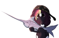 Size: 1010x649 | Tagged: safe, artist:little-sketches, derpibooru import, oc, oc:ayaka, pegasus, pony, alternate design, eye clipping through hair, female, mare, pan, simple background, solo, swordfish, white background