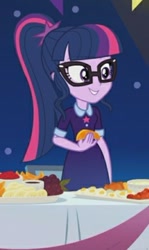 Size: 233x391 | Tagged: safe, derpibooru import, screencap, sci-twi, twilight sparkle, better together, equestria girls, clothes, cropped, egg (food), female, food, fruit, glasses, grapes, ponytail, smiling, solo