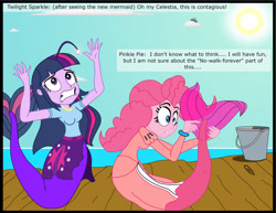 Size: 2892x2230 | Tagged: safe, artist:physicrodrigo, derpibooru import, edit, editor:rmzero, part of a series, part of a set, pinkie pie, twilight sparkle, angler fish, mermaid, series:equestria mermaids, equestria girls, clothes, curse, cursed, cutie mark, day, dialogue, dr. wily, dress, duo, duo female, female, mermaidized, ocean, pail, scales, species swap, text, transformation