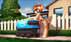 Size: 4000x2346 | Tagged: safe, artist:xn-d, oc, oc only, oc:kiva, pony, robot, robot pony, cute, fence, house, sidewalk, text