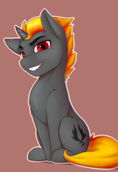 Size: 1650x2400 | Tagged: safe, artist:captainpudgemuffin, oc, oc only, oc:shadowed ember, pony, unicorn, grin, looking at you, male, simple background, sitting, smiling, solo, stallion