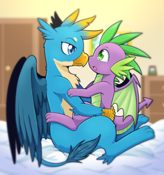 Size: 1000x1070 | Tagged: safe, artist:vavacung, gallus, spike, dragon, griffon, fanfic art, gallspike, gay, male, shipping