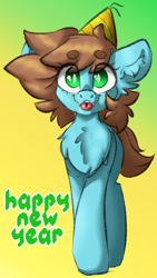 Size: 1332x2368 | Tagged: safe, artist:itsspoopsb, artist:spoopygander, oc, oc only, oc:neko, earth pony, pony, :p, chest fluff, ear fluff, earth pony oc, fangs, female, gradient background, hat, looking at you, mare, party hat, solo, text, tongue out