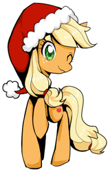 Size: 552x878 | Tagged: safe, artist:milk4ppl, derpibooru import, applejack, earth pony, pony, christmas, cute, female, hat, holiday, mare, one eye closed, raised hoof, santa hat, simple background, solo, white background