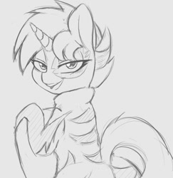 Size: 922x947 | Tagged: safe, artist:tre, sweetie belle, pony, unicorn, clothes, grayscale, lidded eyes, looking at you, monochrome, open mouth, show stopper outfits, simple background, smiling, solo, stripes