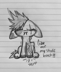 Size: 1094x1280 | Tagged: safe, artist:modocrisma, oc, oc only, oc:scarlett hex, earth pony, pony, >:t, alternate universe, angery, angry, au:lbau, doodle, eye scar, eyes closed, female, floppy ears, intentional spelling error, lined paper, monochrome, onomatopoeia, pencil drawing, photo, puffy cheeks, scar, sitting, sketch, solo, sorceress, spots, stomping, tantrum, teenager, traditional art, unshorn fetlocks, upset