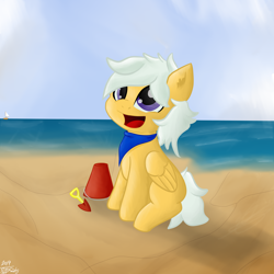 Size: 3000x3000 | Tagged: safe, artist:tempestdk, oc, oc:scatter, oc:scooter, pegasus, pony, bandana, beach, bucket, cloud, cute, foal, ocean, shovel, sitting, sky, solo, water