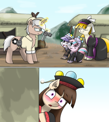 Size: 2064x2304 | Tagged: safe, artist:pencil bolt, oc, oc:karena, oc:lens, earth pony, pony, unicorn, blushing, camera, female, hat, male, miao, mountain, scenery, smiling