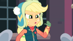 Size: 1600x900 | Tagged: safe, screencap, applejack, better together, equestria girls, holidays unwrapped, clothes, gloves, pointing at self, solo, thumb, window, winter hat, winter outfit