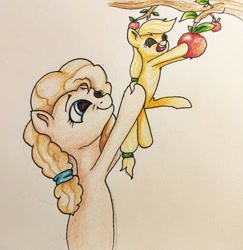 Size: 1024x1055 | Tagged: safe, artist:sv37, applejack, pear butter, earth pony, pony, apple, female, filly, filly applejack, food, holding a pony, mother and child, mother and daughter, parent and child, traditional art, younger