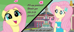 Size: 1824x800 | Tagged: safe, artist:framwinkle, fluttershy, human, pony, equestria girls, canterlot high, human ponidox, palindrome get, self ponidox