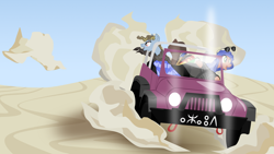 Size: 3588x2018 | Tagged: safe, artist:aaronmk, derpibooru import, oc, saddle arabian, car, clothes, desert, driving, guitar, jeep, robes, sunglasses, tamasheq, tuareg, vector