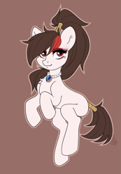 Size: 1341x1935 | Tagged: safe, artist:sugarstar, oc, oc only, oc:almond lotus, earth pony, female, gem, jewelry, looking at you, necklace, simple background, smiling, solo