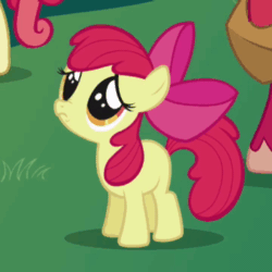 Size: 360x360 | Tagged: safe, screencap, apple bloom, big macintosh, pony, friendship is magic, adorabloom, animated, apple bloom's bow, blank flank, bow, cute, eye shimmer, female, filly, grass, hair bow, male, mare, pouting, puppy dog eyes, stallion, weapons-grade cute