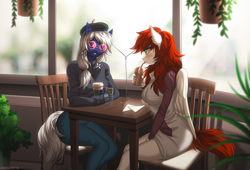 Size: 1700x1153 | Tagged: safe, artist:margony, derpibooru import, oc, oc only, anthro, bat pony, pegasus, bat pony oc, cafe, chair, clothes, coffee, cup, drinking, glasses, looking at you, morning ponies, pants, sitting, straw, table