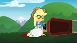 Size: 1920x1080 | Tagged: safe, screencap, applejack, accountibilibuddies, better together, choose your own ending, equestria girls, clothes, dress, female, geode of super strength, hips, magical geodes, solo, wheelbarrow