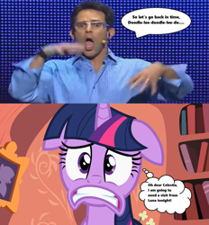 Size: 1227x1320 | Tagged: safe, edit, edited screencap, screencap, twilight sparkle, human, season 2, secret of my excess, book, cringing, e3, floppy ears, freaked out, frown, glasses, golden oaks library, mr caffeine, nightmare fuel, noise, speech bubble, text, thought bubble