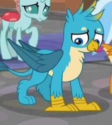 Size: 581x650 | Tagged: safe, derpibooru import, screencap, gallus, ocellus, silverstream, smolder, changedling, changeling, griffon, what lies beneath, claws, cropped, cute, gallabetes, male, offscreen character, paws, sad, wings
