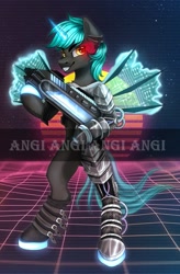 Size: 709x1080 | Tagged: safe, artist:angi, oc, oc only, oc:04, changeling, pony, changeling oc, cyberpunk, solo, vaporwave