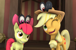 Size: 1616x1077 | Tagged: safe, artist:pika-robo, apple bloom, applejack, earth pony, pony, 3d, apple bloom's bow, applejack's hat, bow, cappy (mario), cowboy hat, crossover, hair bow, hat, looking at each other, one eye closed, siblings, smiling, source filmmaker, super mario bros., super mario odyssey, tiara (mario), wink
