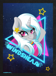 Size: 1200x1622 | Tagged: safe, artist:ciderpunk, derpibooru import, oc, oc only, oc:windshear, pony, 80s, bust, ear piercing, earring, jewelry, looking at you, neon, piercing, solo, synthwave