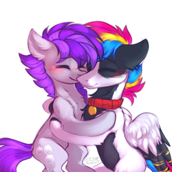 Size: 4000x4000 | Tagged: safe, artist:gicme, derpibooru import, oc, oc only, oc:tender sugarcube, earth pony, pegasus, pony, collar, female, hug, male, mare, simple background, stallion, transparent background