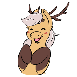 Size: 512x512 | Tagged: source needed, safe, alternate version, artist:wishwasher, derpibooru import, oc, oc only, oc:antler pone, original species, pony, antlers, chest fluff, clothes, cute, eyes closed, female, happy, simple background, smiling, socks, solo, transparent background