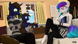 Size: 1920x1080 | Tagged: safe, artist:anthroponiessfm, oc, oc only, oc:aurora starling, oc:galahad lazuli, oc:katharina lazuli, anthro, unicorn, 3d, barefoot, clothes, cute, feet, female, glasses, pants, plushie, source filmmaker, striped sweater, sweater