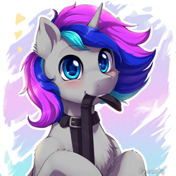 Size: 2000x2000 | Tagged: safe, artist:evomanaphy, oc, oc only, oc:spiral light, pony, unicorn, blushing, collar, cute, daaaaaaaaaaaw, floating heart, heart, leash, looking at you, male, mouth hold, solo, stallion