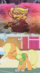 Size: 600x1078 | Tagged: safe, edit, edited screencap, screencap, applejack, earth pony, pony, my little pony: pony life, winter wrap up, eyes closed, facehoof, female, food, freckles, mare, strawberry, winter wrap up vest