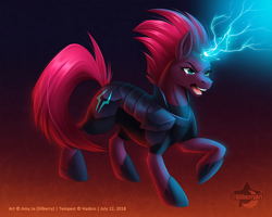 Size: 1000x800 | Tagged: safe, artist:silberry, tempest shadow, pony, unicorn, armor, broken horn, eye scar, female, horn, mare, open mouth, raised hoof, scar, solo, sparking horn