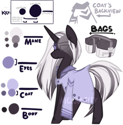 Size: 2427x2470 | Tagged: safe, artist:mcwolfity, oc, oc only, pony, unicorn, bag, clothes, eye clipping through hair, female, horn, mare, reference sheet, saddle bag, simple background, text, transparent background, unicorn oc