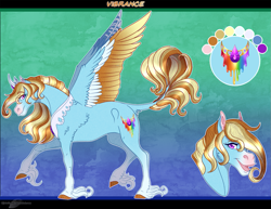 Size: 1331x1030 | Tagged: safe, artist:bijutsuyoukai, oc, oc:vibrance, pegasus, pony, colored wings, female, mare, multicolored wings, offspring, parent:prince blueblood, parent:rainbow dash, parents:bluedash, reference sheet, solo, unshorn fetlocks, wings