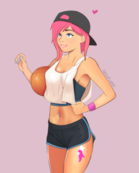 Size: 855x1062 | Tagged: safe, artist:noah-x3, oc, oc:neon flare, human, armband, armpits, backwards ballcap, ball, baseball cap, basketball, belly piercing, blue eyes, cap, clothes, cutie mark on human, freckles, happy, hat, heart, humanized, humanized oc, legs, pink background, pink hair, sexy, shorts, simple background, smiling, solo, sports, sports bra, tanktop, thighs, tomboy, wristband