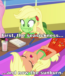 Size: 1617x1872 | Tagged: safe, edit, edited screencap, editor:sonic ranger, screencap, applejack, fluttershy, equestria girls, equestria girls series, i'm on a yacht, spring breakdown, spoiler:eqg series (season 2), comic, geode of super strength, green face, magical geodes, offscreen character, screencap comic, seasickness, sleeveless, sunburn